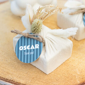 Zeepjes in roos tetra doekje met rond label (set van 6)