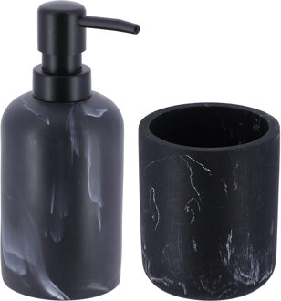 Zeeppomp en tandeborstelbeker - grijs - marmer look