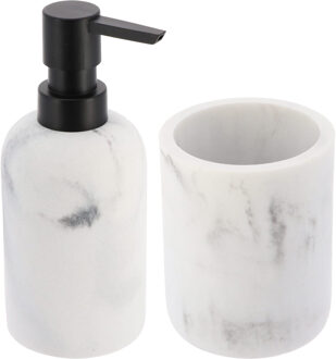 Zeeppomp en tandeborstelbeker - wit - marmer look