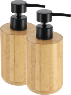 Zeeppompje/dispenser - 2x - bruin/zwart - bamboe - 8 x 16 cm - 200ml