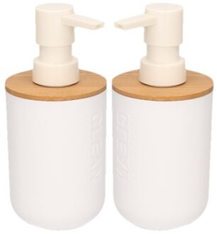 Zeeppompje/dispenser - 2x - wit - bamboe - 300 ml - keuken/badkamer/toilet