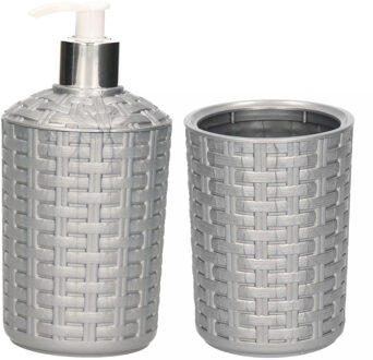 zeeppompje / dispenser en tandenborstel / tandpasta beker - setje - zilver - kunststof