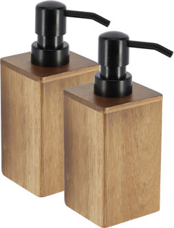Zeeppompje/zeepdispenser - 2x - bruin - hout look - acacia - 16 cm - 150 ml