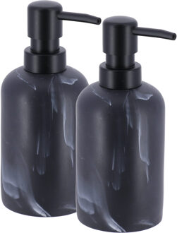 Zeeppompje/zeepdispenser - 2x - grijs - marmer look - kunststof - 300 ml