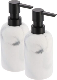 Zeeppompje/zeepdispenser - 2x - wit - marmer look - kunststof - 300 ml