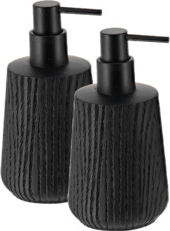 Zeeppompje/zeepdispenser - 2x - zwart - hout look - kunststof - 350 ml