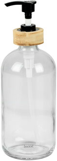 Zeeppompje/zeepdispenser - glas/bamboe - transparant - 0.5 liter - 21 cm