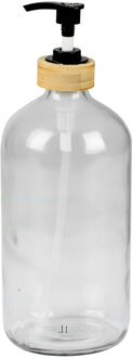 Zeeppompje/zeepdispenser - glas/bamboe - transparant - 1 liter - 24 cm - Zeeppompjes