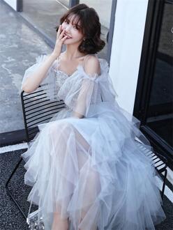 Zeer fee avondjurk zomer slings Sen fairy vrouwelijke verjaardag party temperament jurk S-2XL licht grijs / XXL