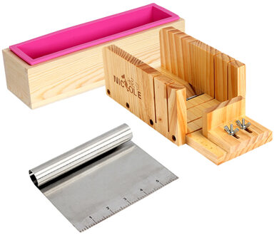 Zelfgemaakte Zeep Maken Tool Set-3 Rechthoekige Siliconen Mal met Verstelbare Houten Loaf Cutter Doos en Rvs Blade