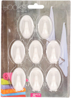 Zelfklevende keuken/badkamer/kleding/ophang haakjes - 8x stuks - kunststof - wit - Handdoekhaakjes
