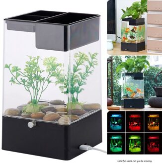 Zelfreinigende Aquarium Lui Kleine Acryl Goudvis Tank Desktop Transparante Emmer Aquarium Ecologische Kale Cilinder zwart