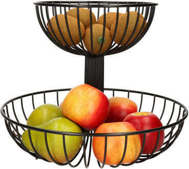 Zeller 2-laags fruitschaal/fruitmand rond zwart metaal 32 cm - Fruitschalen