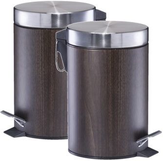 Zeller 2x Donker bruine houtprint vuilnisbakken/pedaalemmers 3 liter van 17 x 26 cm