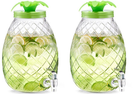 Zeller 2x Groene glazen drank dispensers ananas 4,5 liter - Zeller - Keukenbenodigdheden - Zomers/tropisch tuinfeest decoratie - Dranken serveren - Drankdispensers - Dispensers voor o.a. sappen en limonade