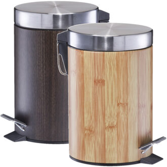 Zeller 2x Houtprint vuilnisbakken/pedaalemmers 3 liter licht/donkerbruin van 17 x 26 cm