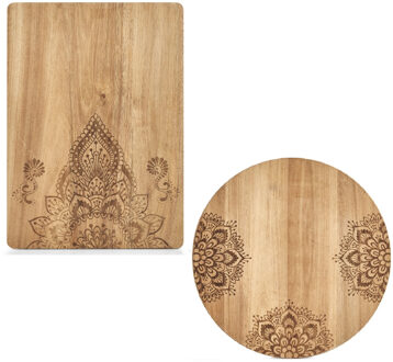 Zeller 2x Rechthoekige/ronde houten snijplanken met mandala print 27/40 cm