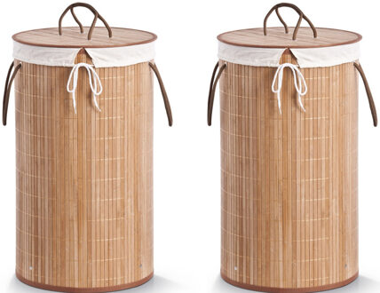 Zeller 2x Ronde luxe wasgoedmanden van bamboe hout 35 x 60 cm - Wasmanden Bruin