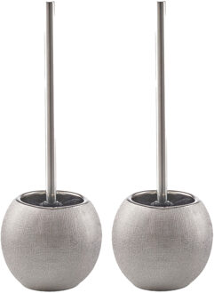 Zeller 2x stuks WC/Toiletborstel in houder keramiek - zilver glitter - D12 x 34 cm
