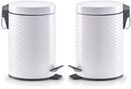 Zeller 2x Witte vuilnisbakken/pedaalemmers met groeven 3 liter