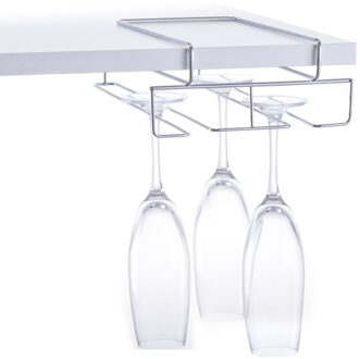 Zeller 2x Zilver wijn/champagneglas houders voor aan plank voor 4 glazen 28 cm - Zeller - Keukenbenodigdheden - Woonaccessoires/decoratie - Wijnglashouder/champagneglashouder voor aan een plank - Rek/houder voor wijnglazen