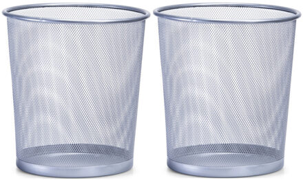 Zeller 2x Zilveren prullenbakjes/vuilnisbakjes rond van draadmetaal/mesh 26 x 28 cm