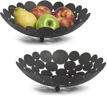 Zeller 2x Zwarte ronde fruitschalen stippen metaal 29 cm - Zeller - Keukenaccessoires/benodigdheden - Fruitschalen/fruitmanden - Fruitschalen van metaal