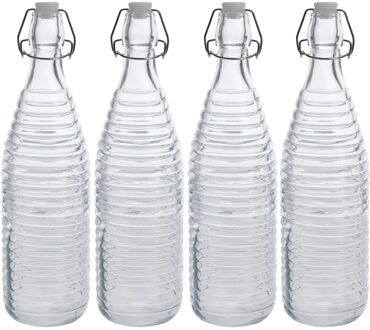 Zeller 4x Glazen flessen transparant strepen met beugeldop 1000 ml - Keukenbenodigdheden - Woondecoratie - Tafel dekken - Koude dranken serveren/bewaren - Olie/azijn flessen - Decoratie flessen