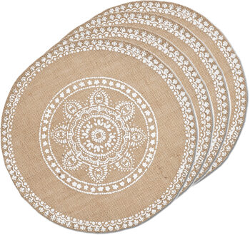 Zeller 6x placemats met mandala print - jute look stof - rond - D38 cm