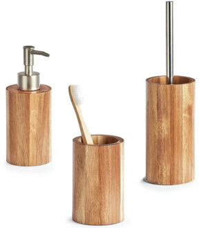 Zeller Acacia houten badkamer/toilet accessoires 3-delige set - Badkameraccessoireset Bruin