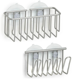 Zeller Afwasmiddel houder en spons houder metaal met zuignappen 2-delig