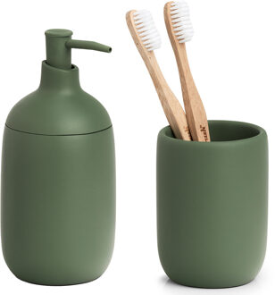 Zeller badkamer accessoires set 2-delig - kunststeen salie groen - Badkameraccessoireset