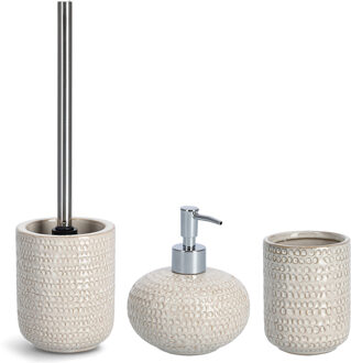 Zeller Badkamer accessoires set 3-delig - keramiek - beige - structure - Badkameraccessoireset