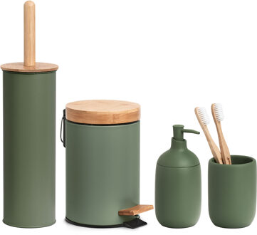 Zeller Badkamer accessoires set 4-delig - kunststeen - bamboe hout salie groen - Badkameraccessoireset