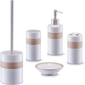 Zeller Badkamer accessoires set 5-delig - keramiek - wit/beige - strepen design - Badkameraccessoireset