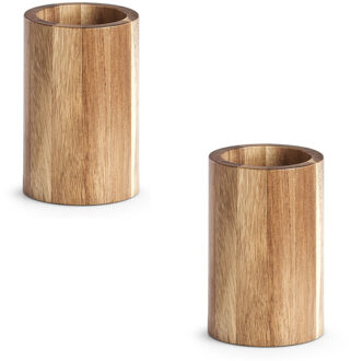Zeller Badkamer beker/tandenborstel houder - 2x - naturel - acacia hout - 11 cm