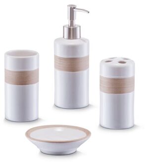 Zeller Badkamer/toilet accessoires set 4-delig - keramiek - Badkameraccessoireset Wit