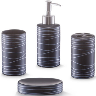 Zeller Badkamer/toilet accessoires set 4-delig - keramiek - swirl patroon zwart