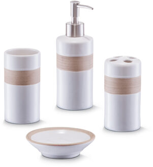 Zeller Badkamer/toilet accessoires set 4-delig - keramiek - wit/beige