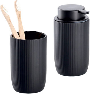 Zeller Badkamer/toilet set - 2x stuks - zwart - streep design - keramiek
