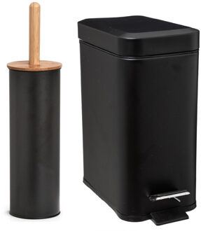 Zeller Badkamer/toilet set - WC-borstel en pedaalemmer 5L - metaal/ bamboe - zwart