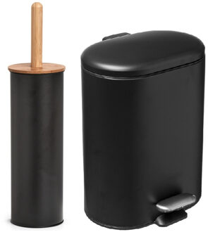 Zeller Badkamer/toilet set - WC-borstel en pedaalemmer 6L - metaal/ bamboe - zwart