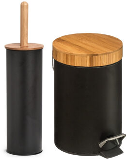 Zeller Badkamer/toilet set - WC-borstel en pedaalemmer - metaal/ bamboe hout - zwart