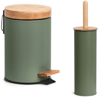 Zeller Badkamer/toilet set - WC-borstel en pedaalemmer - metaal - salie groen