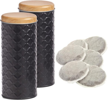 Zeller Bewaarblik voor koffiepads - 2x - zwart - metaal - 7,5 x 18 cm - 680 ml - voorraadpot