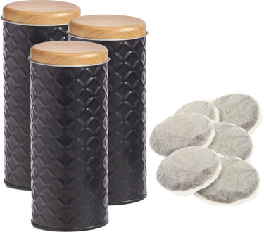 Zeller Bewaarblik voor koffiepads - 3x - zwart - metaal - 7,5 x 18 cm - 680 ml - voorraadpot