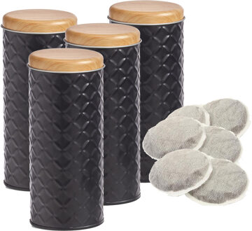 Zeller Bewaarblik voor koffiepads - 4x - zwart - metaal - 7,5 x 18 cm - 680 ml - voorraadpot