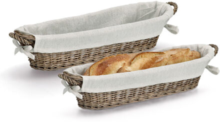 Zeller Broodmandje met stof - 2x - riet/canvas - bruin - langwerpig - stokbrood - landelijke stijl