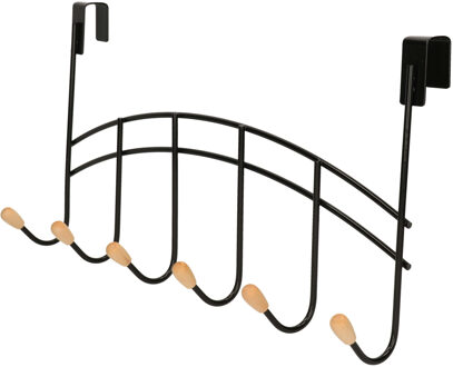Zeller Deur kapstok - zwart - 6 haken - 41 cm - kastdeur kapstok - metaal/hout