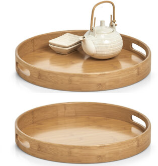 Zeller Dienblad - 2x - bamboe hout - rond - 38 x 5 cm - serveerblad voor glazen/hapjes/kopjes
